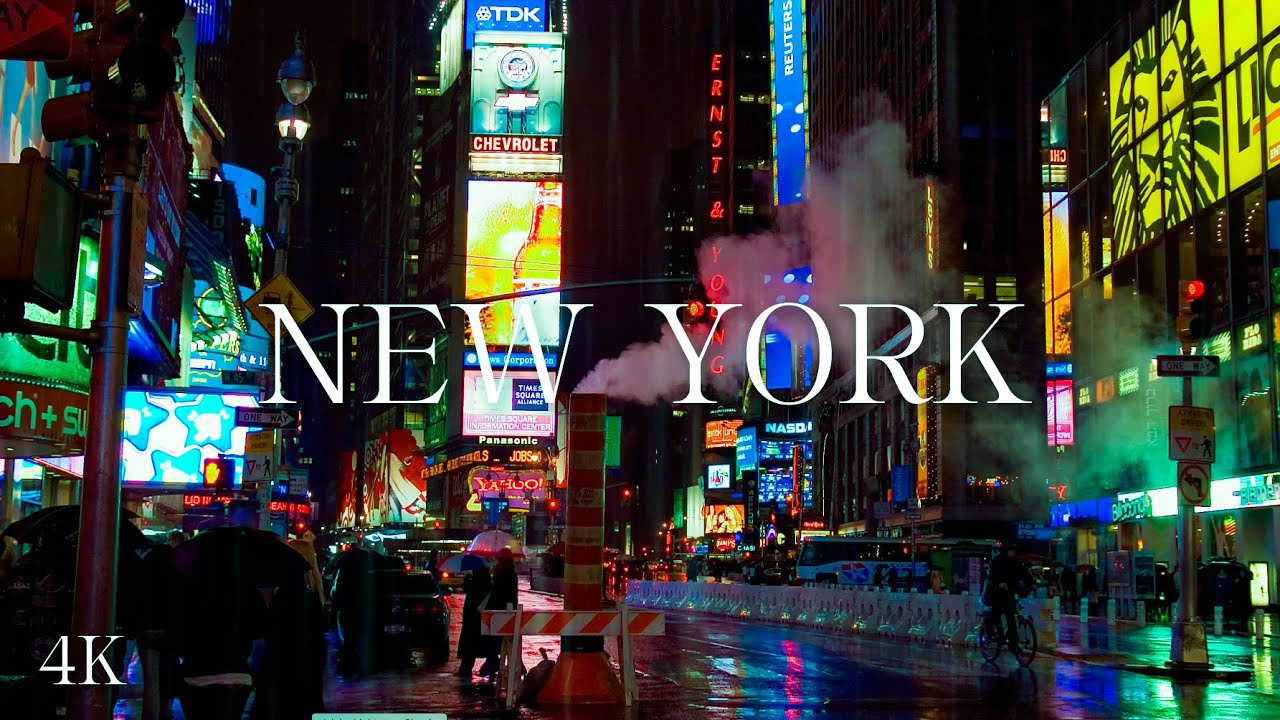 Walking in Heavy Thunderstorm in New York 4K | Times Square, Rockefeller Center