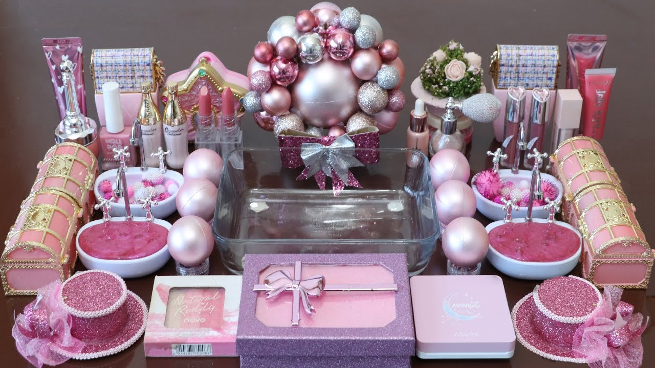 Mixing”IcePink” Eyeshadow and Makeup,parts,glitter Into Slime!Satisfying Slime Video!★ASMR★