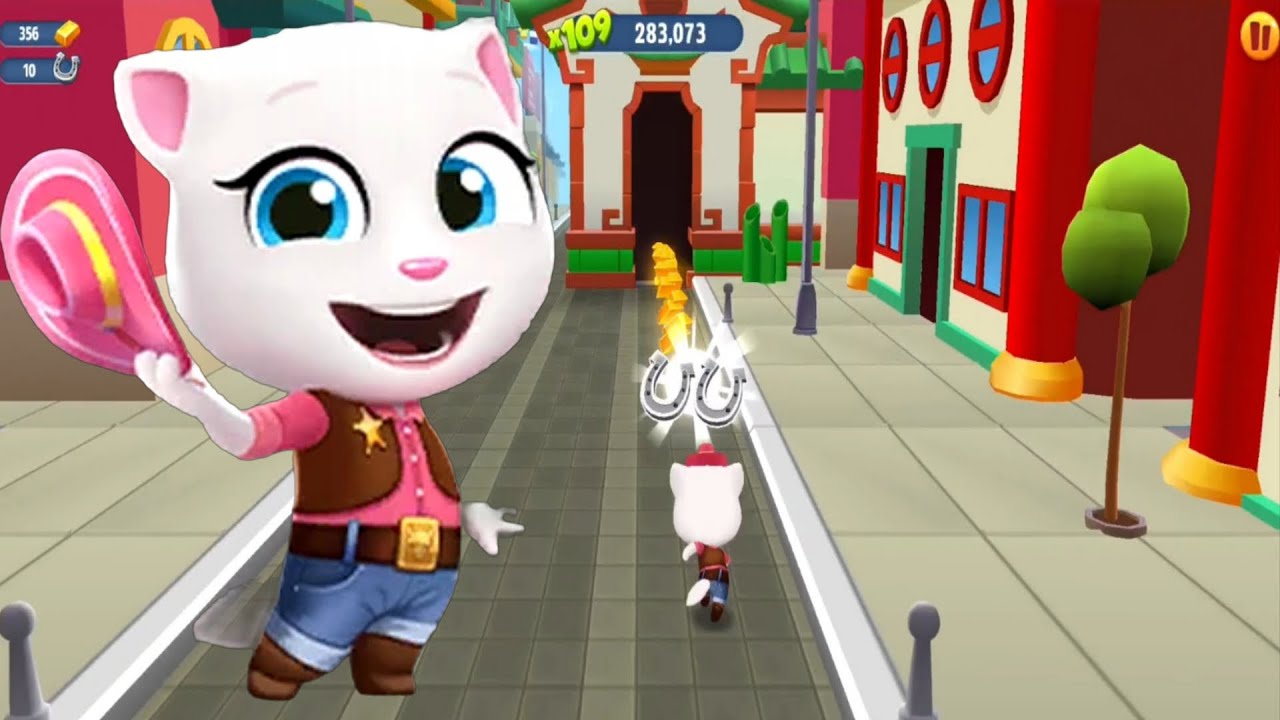 Talking Tom Gold Run | Cowboy Angela vs Raccoon Fight In Sea World China | Full Screen