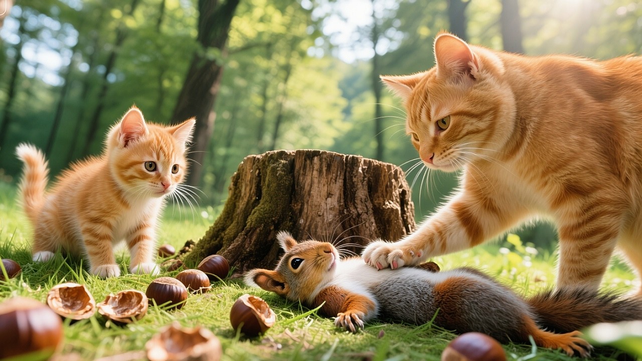Kitten & Mom Cat Save Squirrel with Chestnuts 🌰🍃#cute #cat #funny #animals #viralvideo #kitten