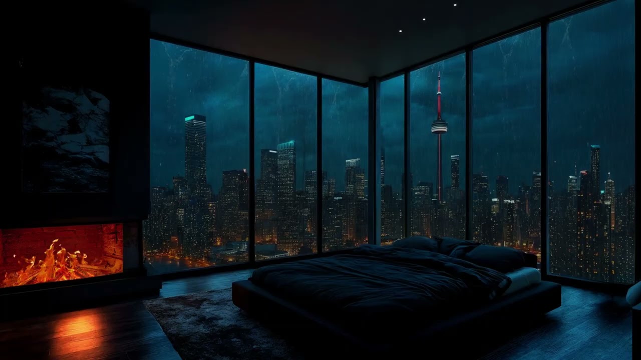 Rainy City Window View with Cozy Fireplace | Peaceful Sleep, Relaxing Rain Sounds ASMR Night Now