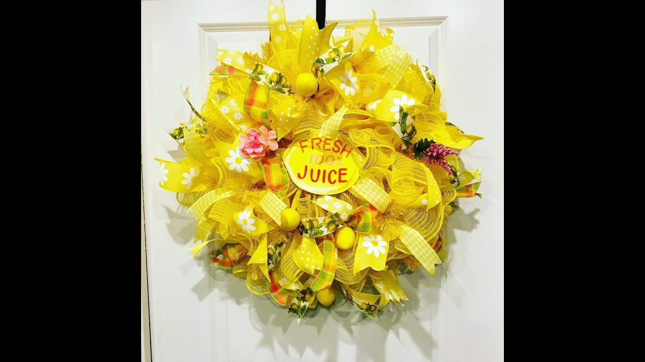 Lemon Wreath using 10in Yellow and White Jute Deco Mesh