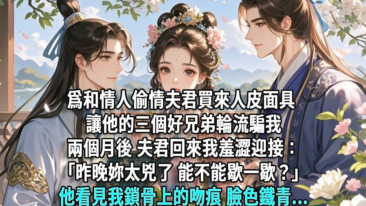 為和情人偷情夫君買來人皮面具，讓他的三個好兄弟輪流騙我，兩個月後，夫君回來我羞澀迎接：「昨晚你太凶了，能不能歇一歇？」他看見我鎖骨上的吻痕，臉色鐵青
