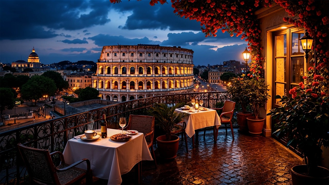 Rome Sunset Jazz Music with Perfect Restaurant | Balcony View Ambience & Smooth Jazz for Relaxation