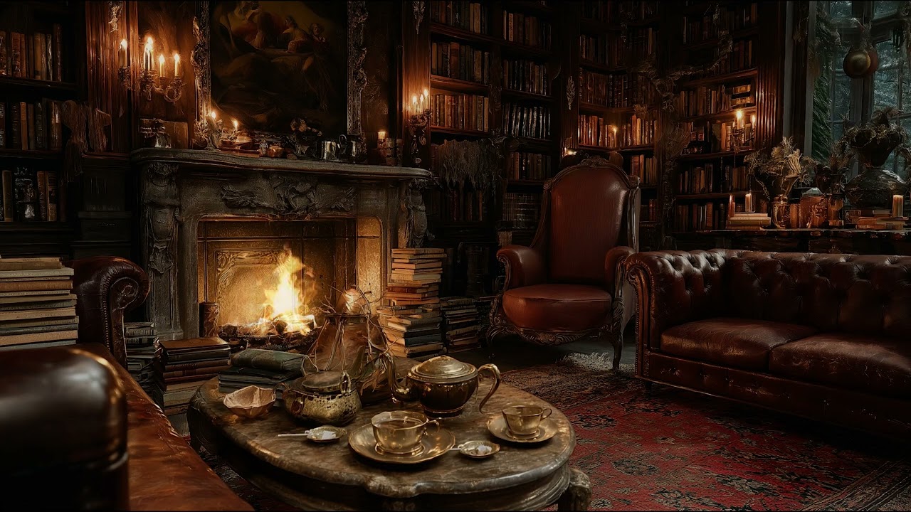 Cozy Night in a Warm Library with Fire Sounds for Relaxation, Study, Reading, and Deep Sleep