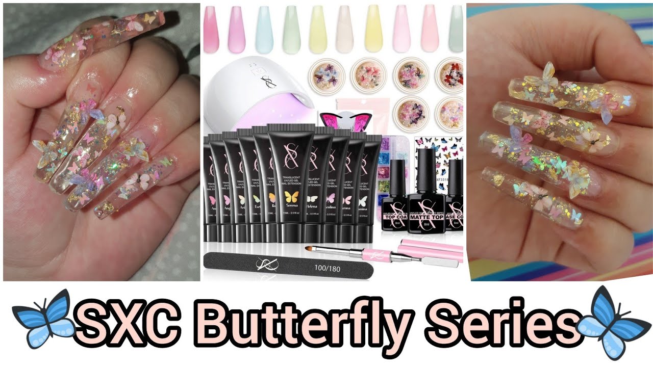 Reviewing SXC butterfly series polygel kit! I won their giveaway! Butterfly & glitter nail design
