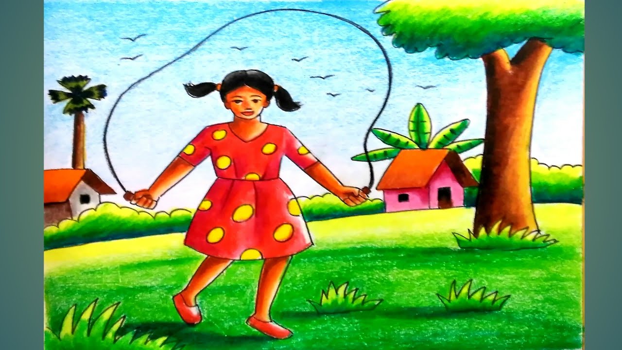 How to draw a girl playing skipping / Skipping girl drawing easy step by step