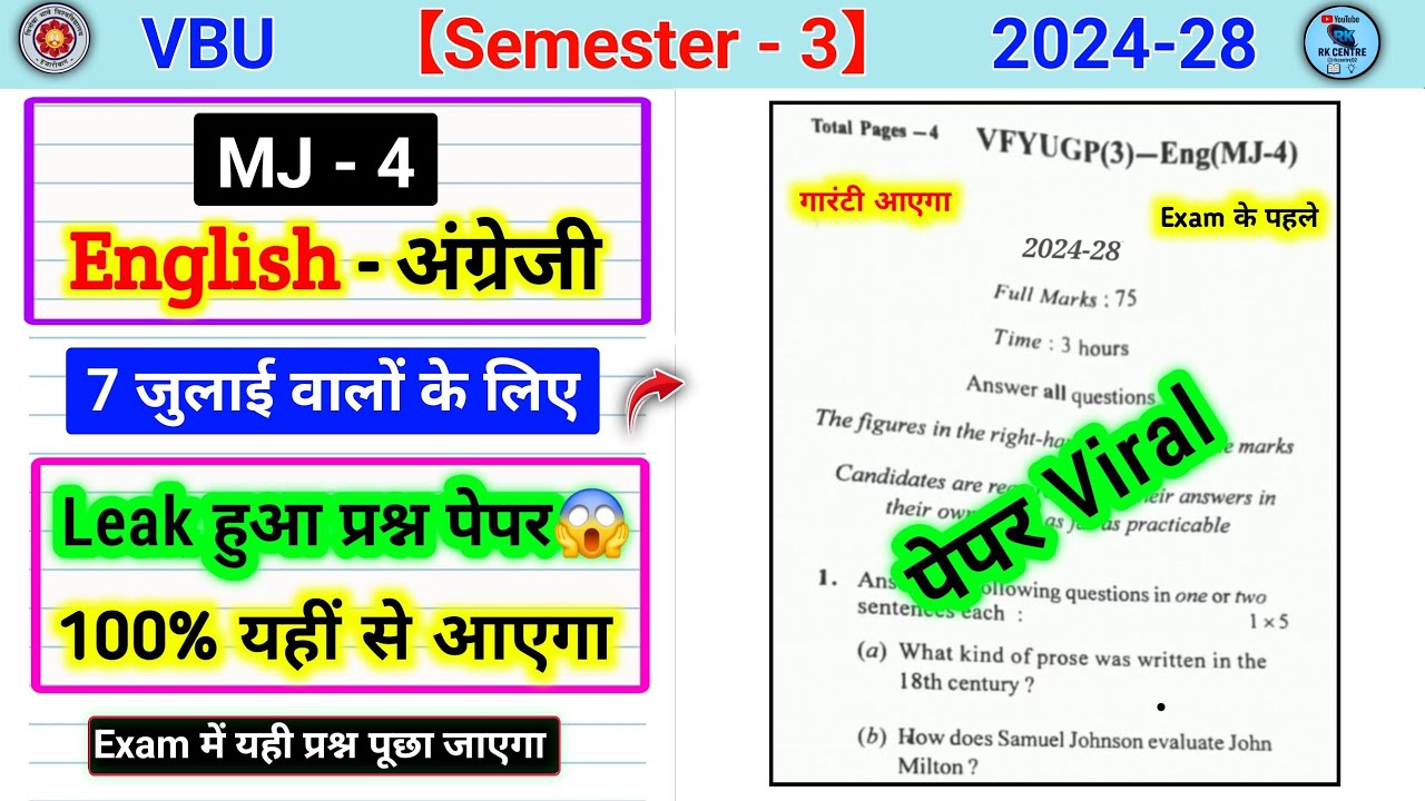 MJ 4 English Semester 3 Important Questions || MJ 4 English Sem 3 || Major 4 English Sem 3 RK Centre
