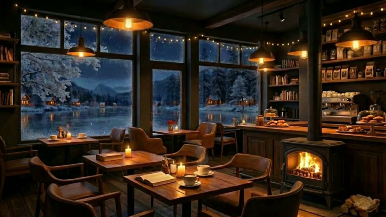 Relaxing Jazz Instrumental Music & Crackling Fireplace ⛄ Warm Winter Jazz at Coffee Shop Ambience