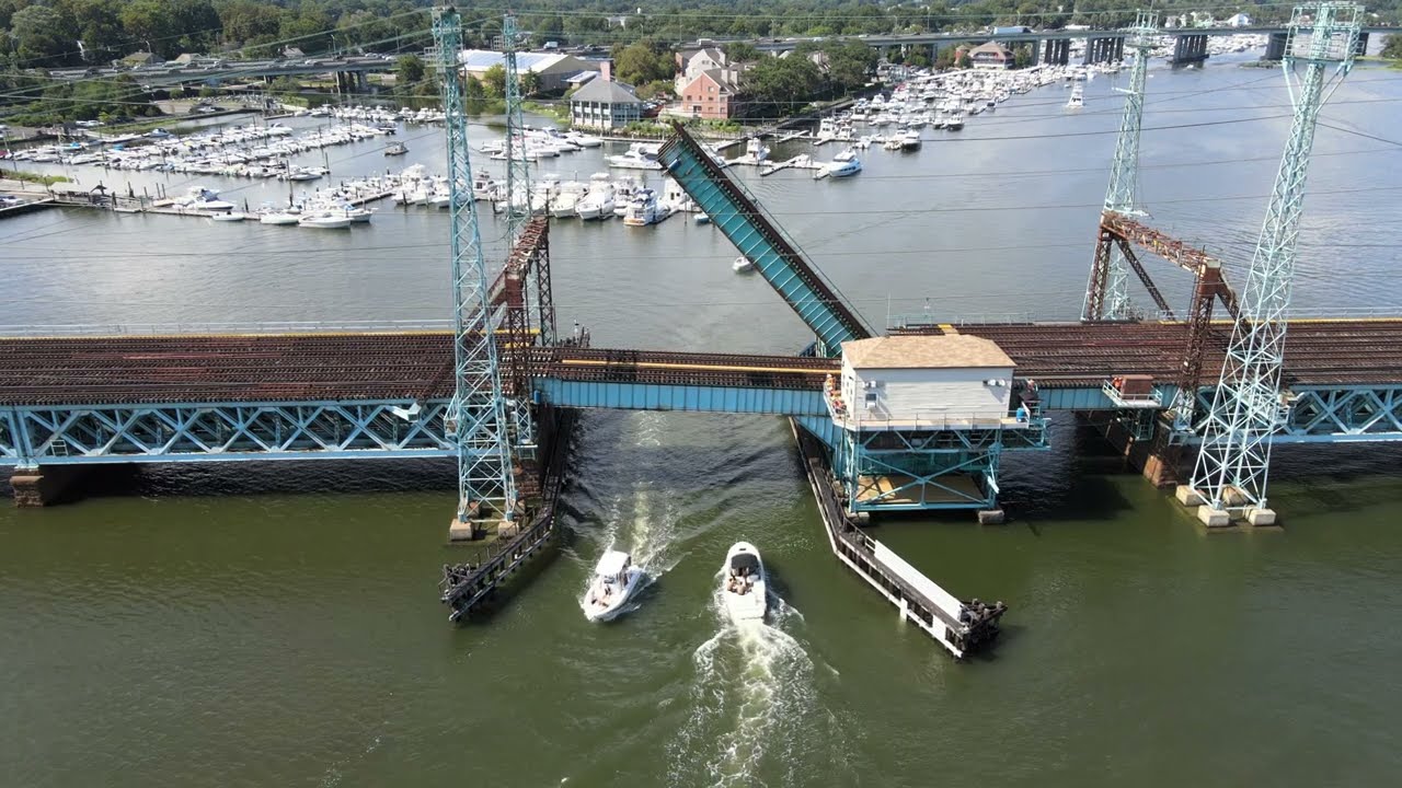 Mianus River Railroad Bridge Opening and Closing Northbound Tracks shot with DJI Air2S drone HD