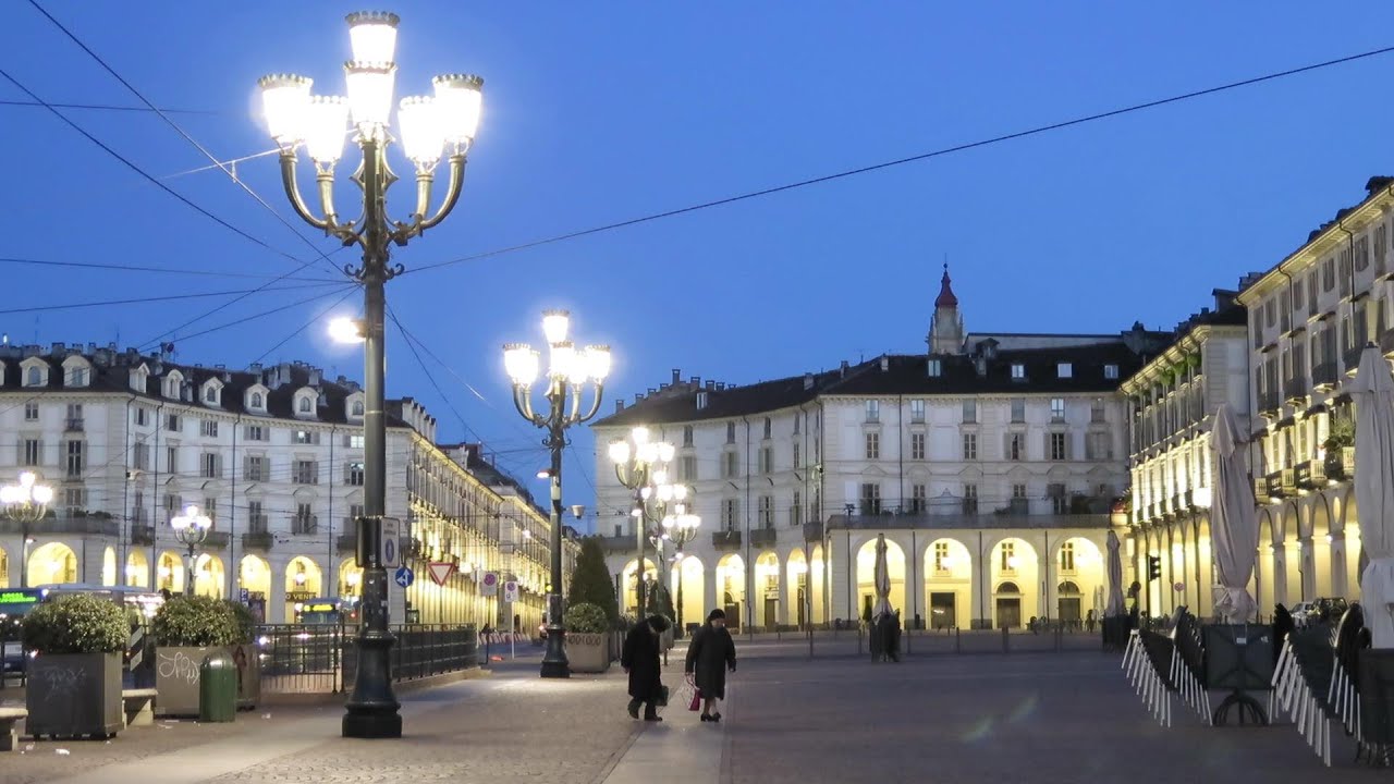 Turin City, Italy. Sunset and Sunrise on Piazza Vittorio Veneto