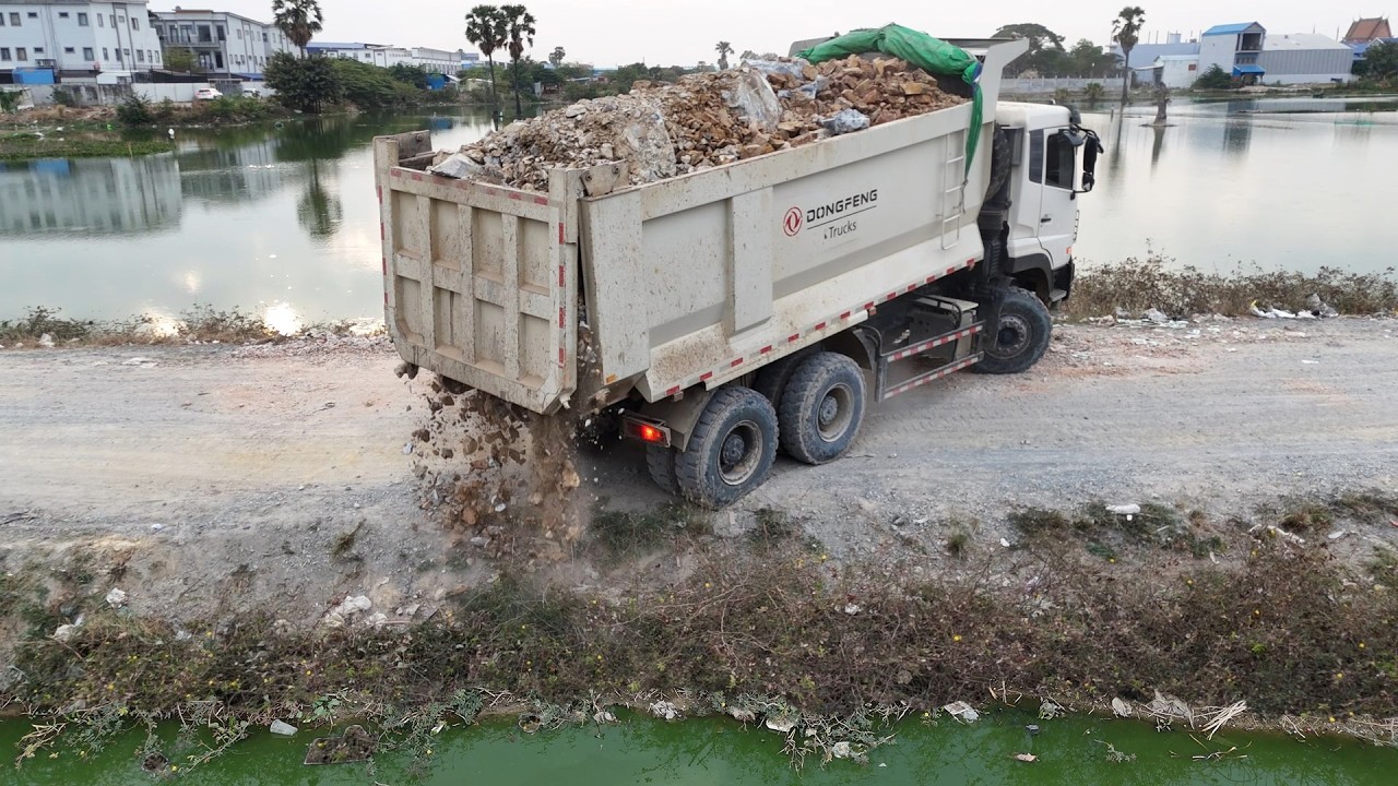 Fully Process Using Many 10-Wheel Truck Fill Stone Flooded Land & Push by Bulldozer DH-17-C3