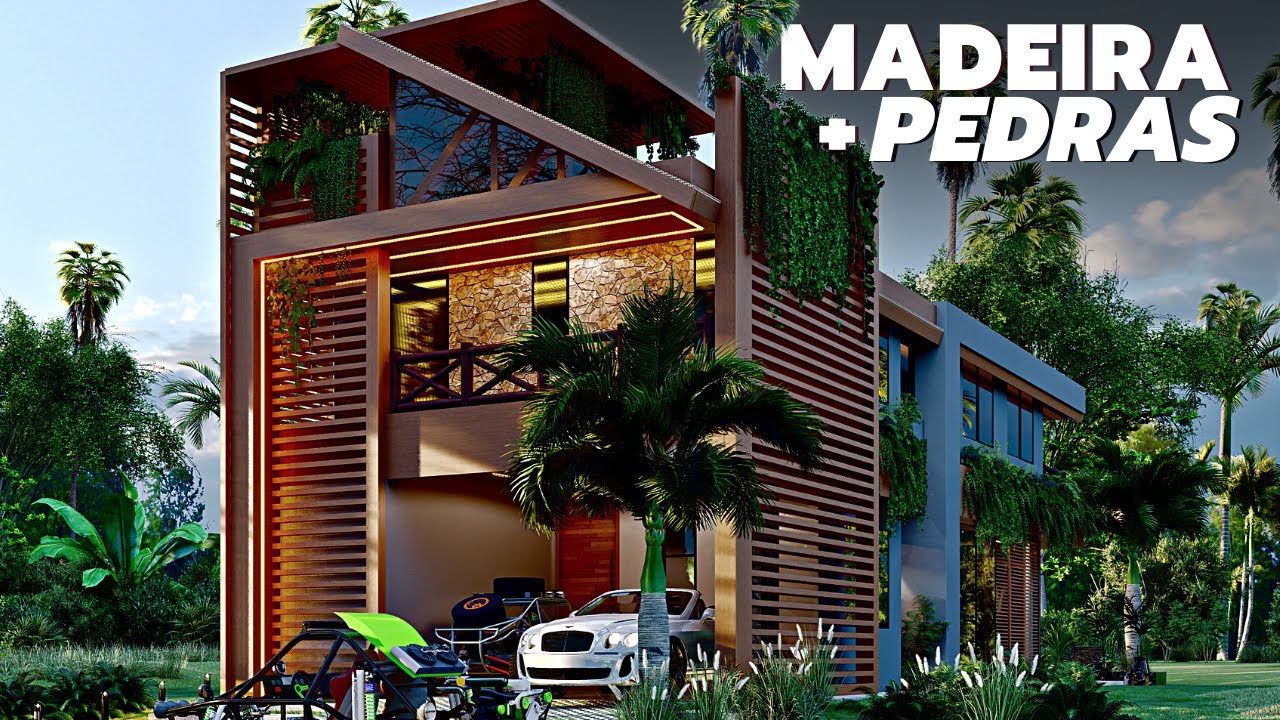 CASA DE ALTO PADRAO COM FACHADA EM MADEIRA E PEDRAS (PROJETO 3D + PLANTA)