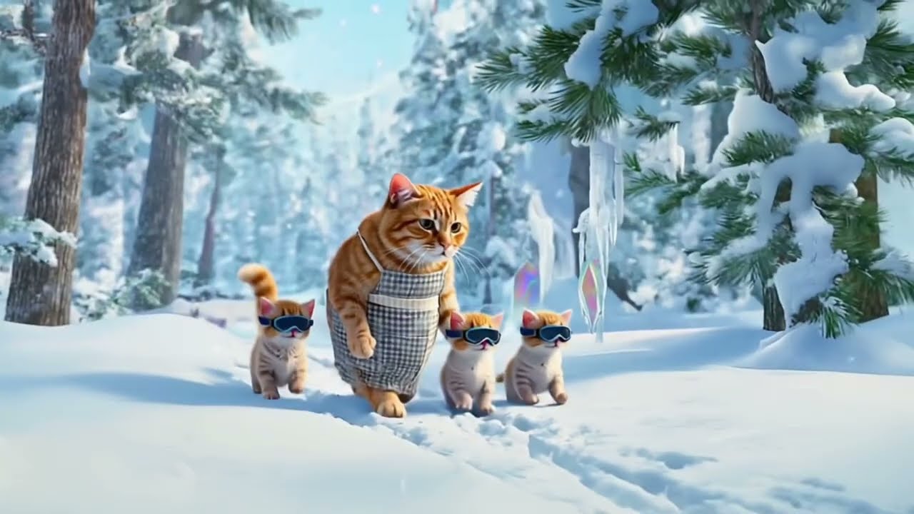 Mama cat goes to winter sport ⛷️ with her kittens and has a wonderful time🥰🥰🥰🥰