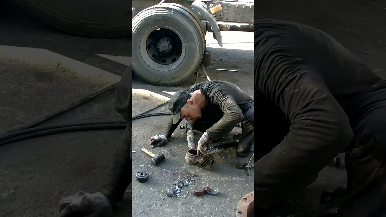 Replace semi truck V thrust, joint bearing, repair V-bar bearing hole.