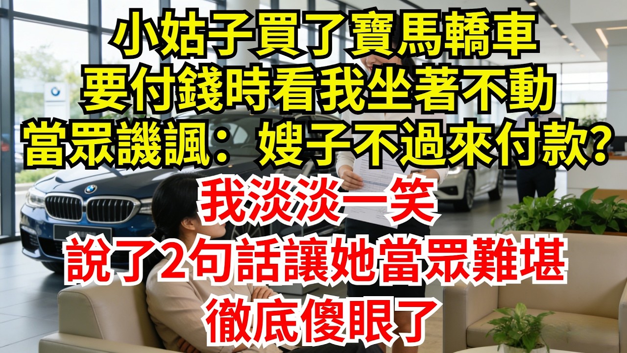 小姑子買了寶馬轎車，要付錢時看我坐著不動，當眾譏諷：嫂子，不過來付款？我淡淡一笑，說了2句話讓她當眾難堪，徹底傻眼了【檐下故事會】#完結故事#情感故事#爽文#婆媳關系#婆媳和解 #女频温情