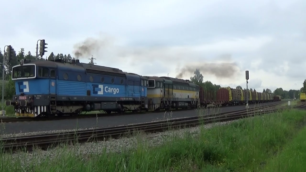 ČD 750 061-4 und 753 301-1 mit Holzzug am 07.06.22 in Rybniště