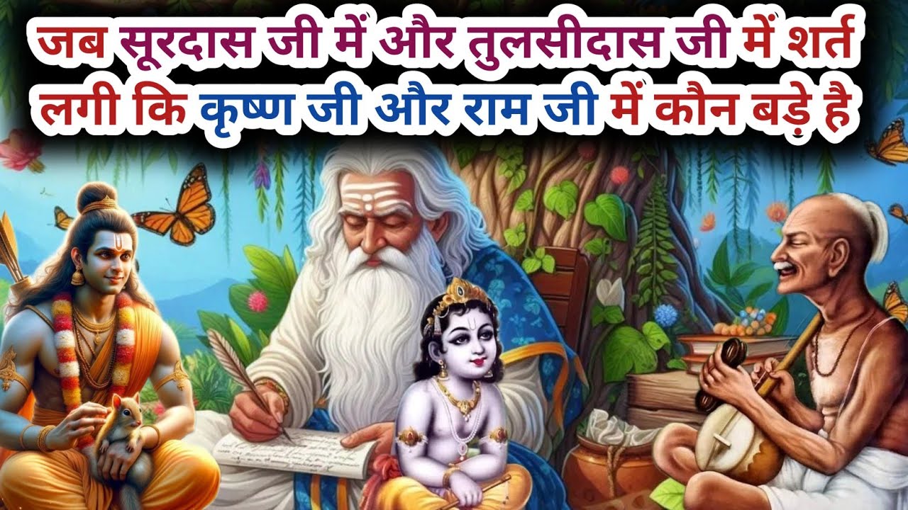 जब सूरदास जी में और तुलसीदास जी में शर्त लगी कि कृष्ण जी और राम जी में कौन बड़े है!#indreshji katha