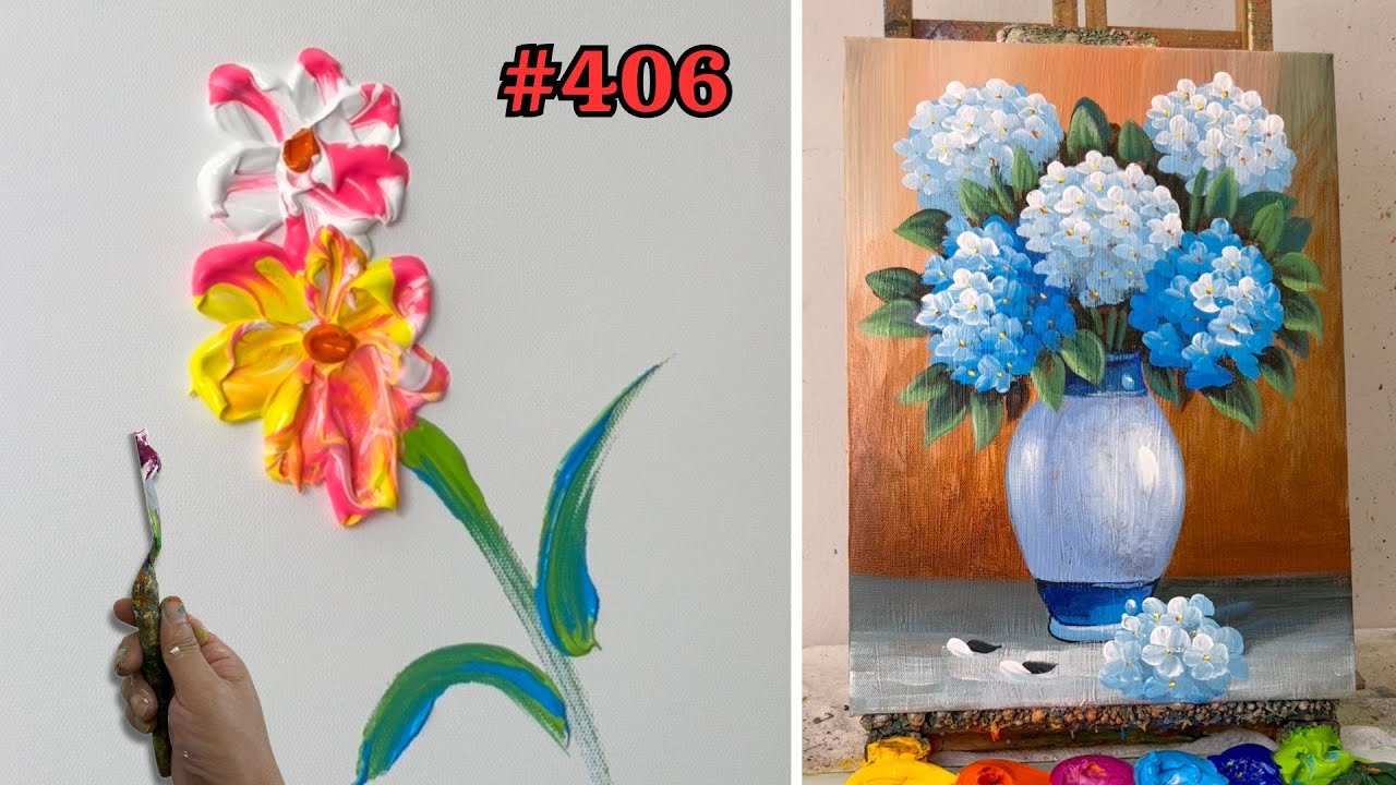 How to Paint a Blue Hydrangeas Vase | Easy Acrylic Flower Painting Tutorial #406