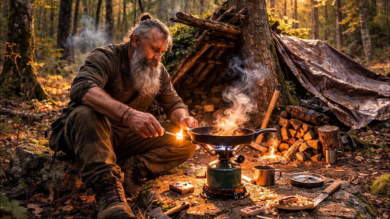 Alone in the Forest – Building a Bushcraft Shelter & Cooking Simple Food