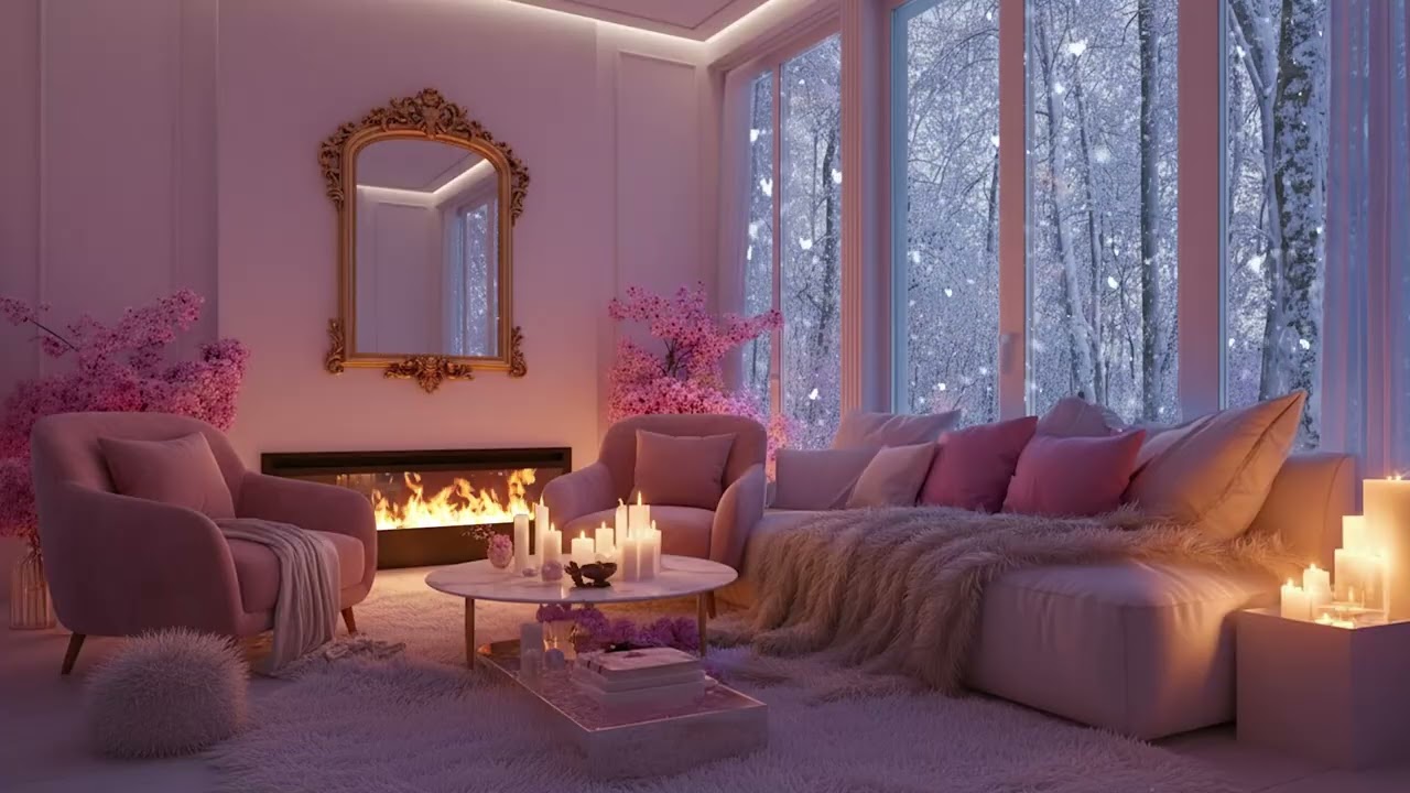 Last Snow Night — fading snowfall, cold wind outside, warm glow within, quiet calm for rest