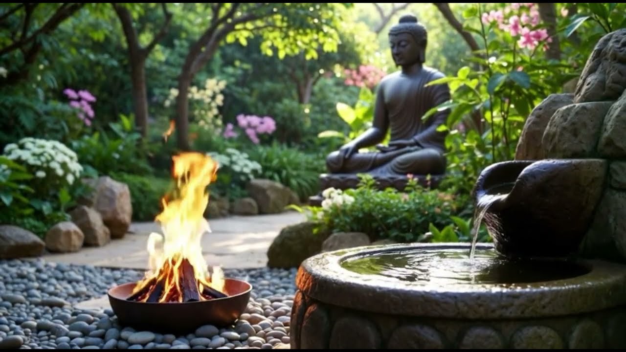 Relaxing Zen Garden Ambience 🌺 Water Fountain🔥Fire Pit with Calming Water Sounds