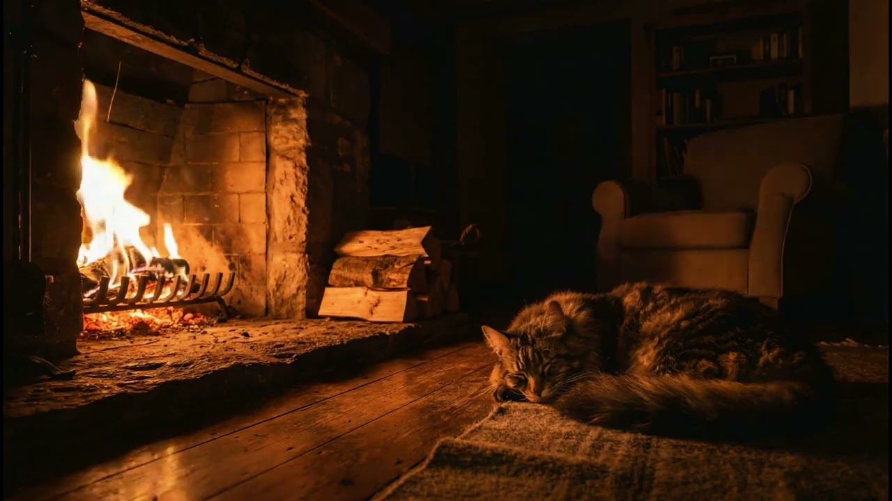 🐱🔥 12 Hours Cozy Fireplace with Sleeping Cat   | Cozy Fire Ambience for Sleep & Relaxation