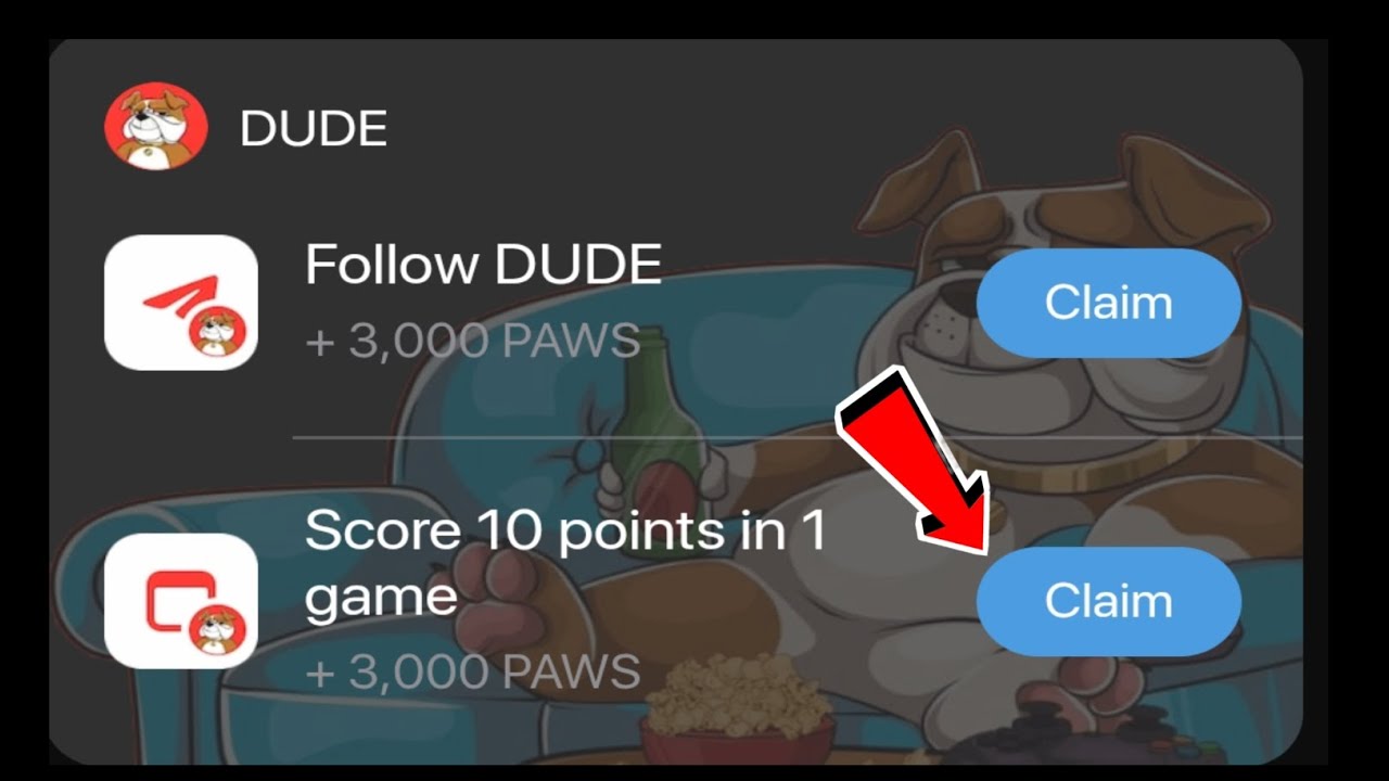 Follow DUDE Paws new Task | Score 10 points in 1 game Paws New Mystery Quest | 6,000 Paws Reward