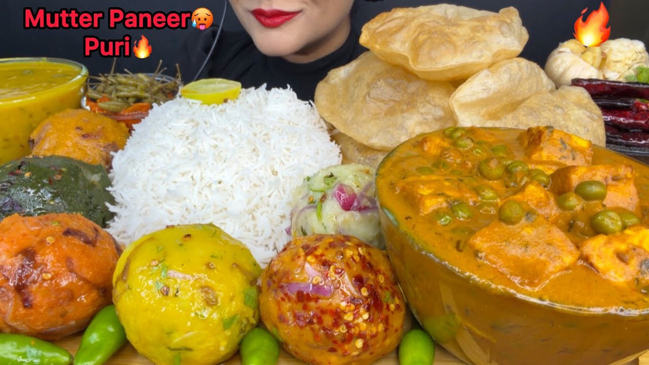 ASMR EATING PURI,PANEER MUTTER MASALA,DAL CHAWAL,DIFFERENT TYPES OF BHARTA