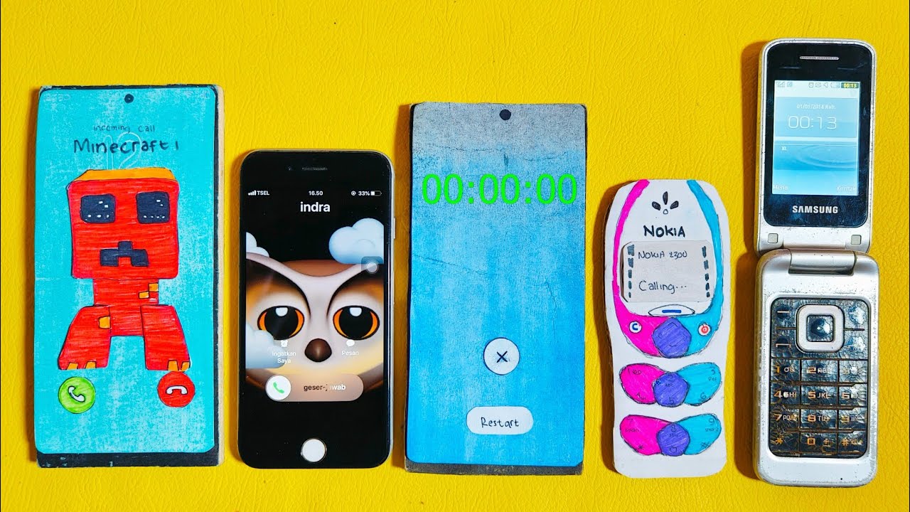Samsung Minecraft + iPhone 6 Owl + Samsung S24 u + Nokia 2300 + Samsung C3520 Timer & incoming Call