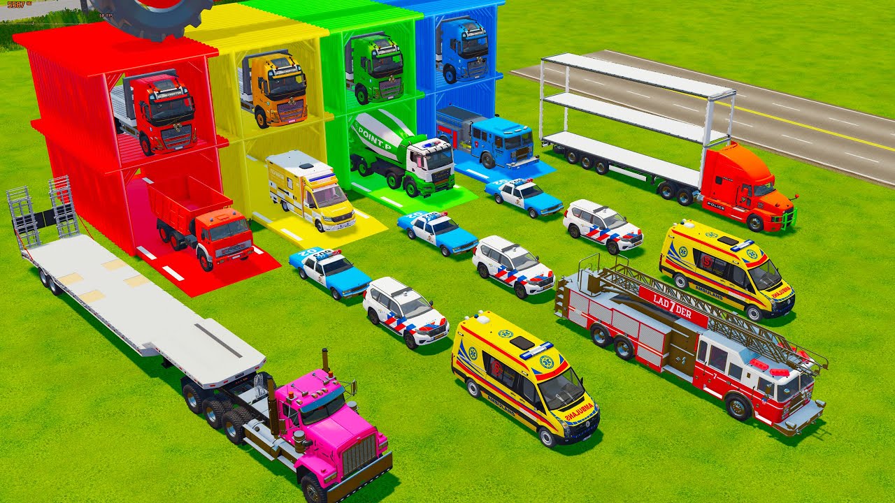 TRANSPORTING EMERGENCY AND POLICE VEHICLES, CONCRETE MIXER TRUKC, FIRE ENGINE TO GARAGE - FS22