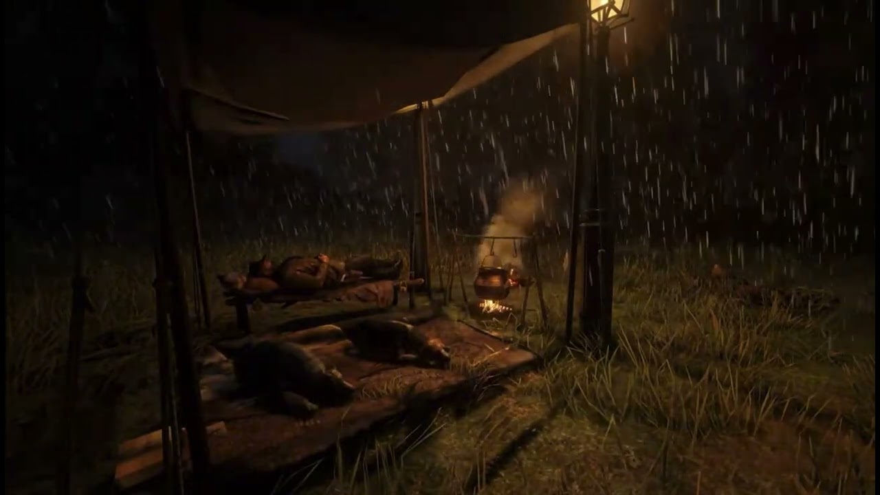 Peace in the Storm – Arthur Sleeping Beside His Dogs Under the Porch Light | RDR2 Ambience