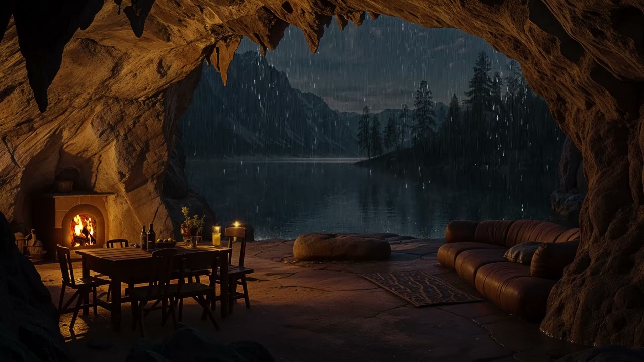 Warm Fireplace & Rain Sounds 🌙 Cozy Cave Ambience for Anxiety Reduction & Better Sleep