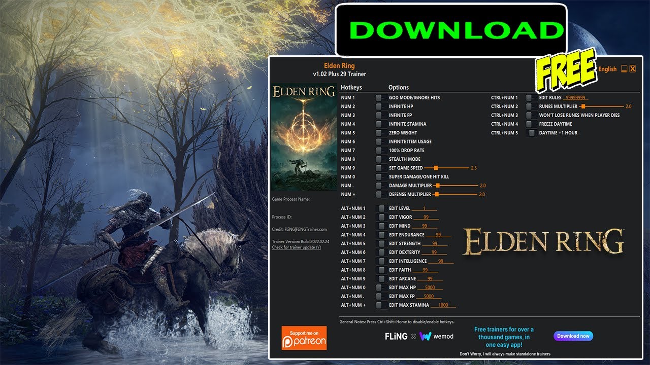 ELDEN RING Trainer v1.02 +29 Cheats (God Mode,Super Damage,Edit Runes,Stealth Mode & 25 More)