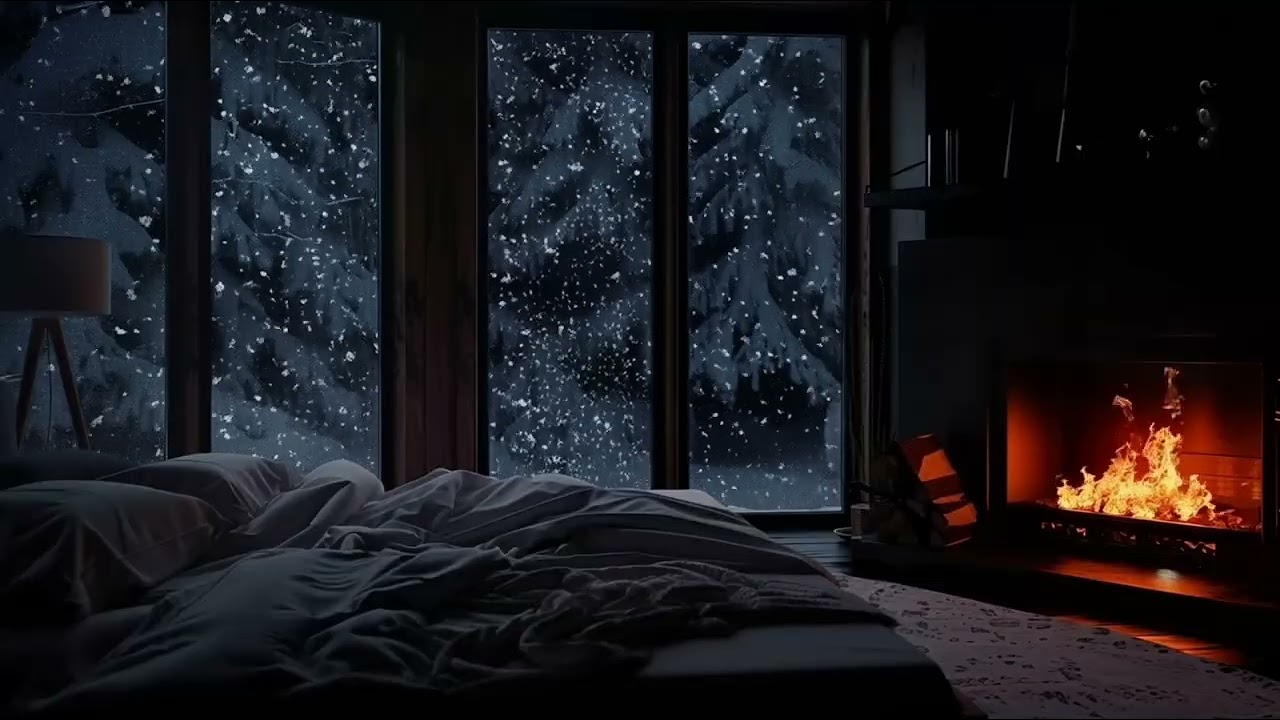 Winter Night Snowstorm & Fireplace Sounds with Soft Piano 🌨️🔥🎹 | Cozy Cabin Ambience for Sleep