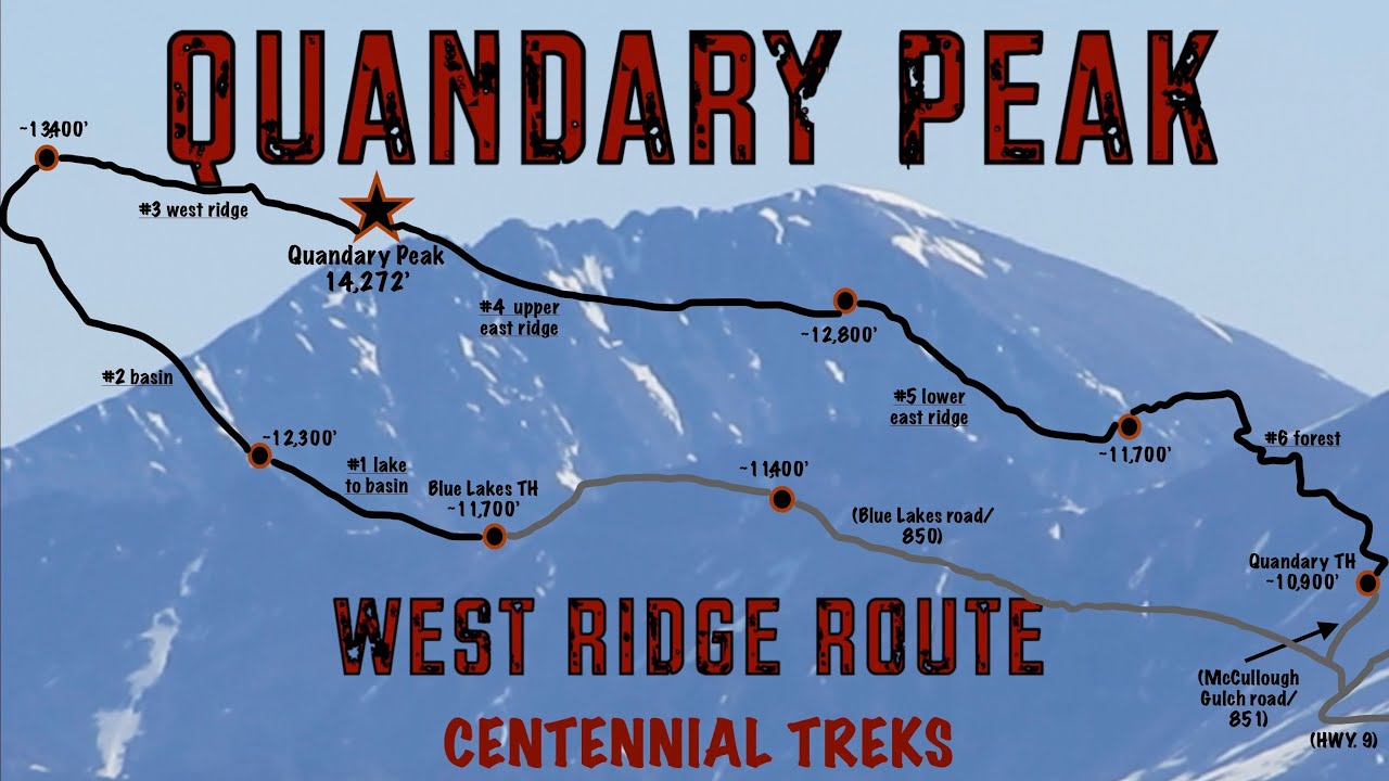 Quandary Peak - summit climb via west ridge, descent of east ridge, with maps & route description.