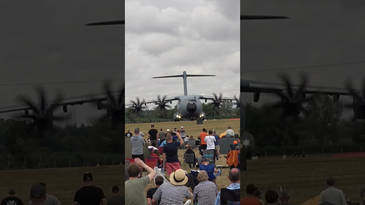 German A400 wows the crowds at RIAT 2025 by popping a wheelie.