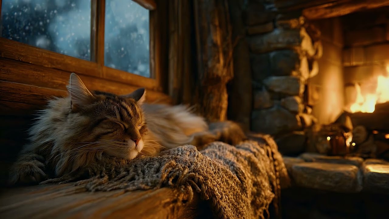 Peaceful Sleep Background &mdash; Cozy Firelight and Gentle Cat Purring for Rest, Relaxation, and Dreams