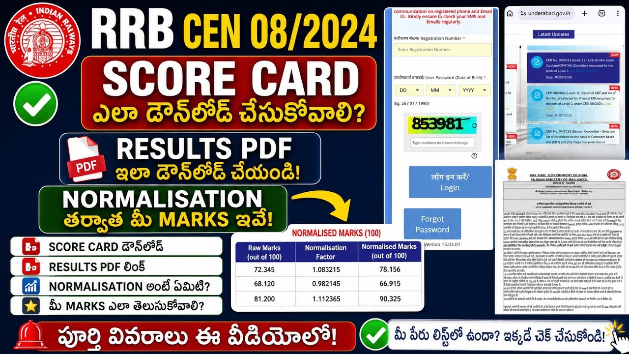 RRB Group D CEN 08/2024 Score Card ఎలా చూడాలి? Results PDF + Normalisation Marks Full Process