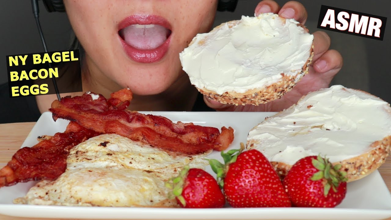 ASMR BREAKFAST: BACON, EGGS, BAGEL & CREAM CHEESE, FRUIT EATING SOUNDS **MESSY EATING - NO TALKING