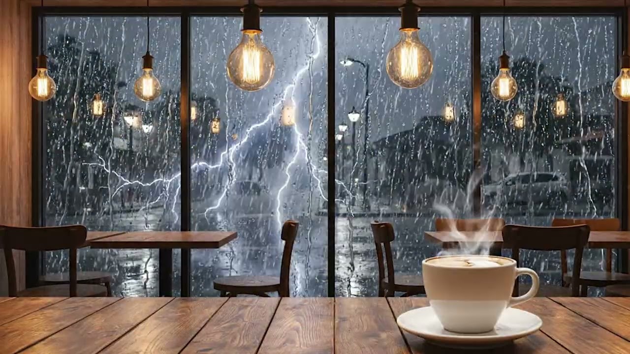 ☕⛈️ Coffee Shop Thunderstorm | Rain, Thunder & Cafe Ambience | 12 Hours for Study & Relaxation