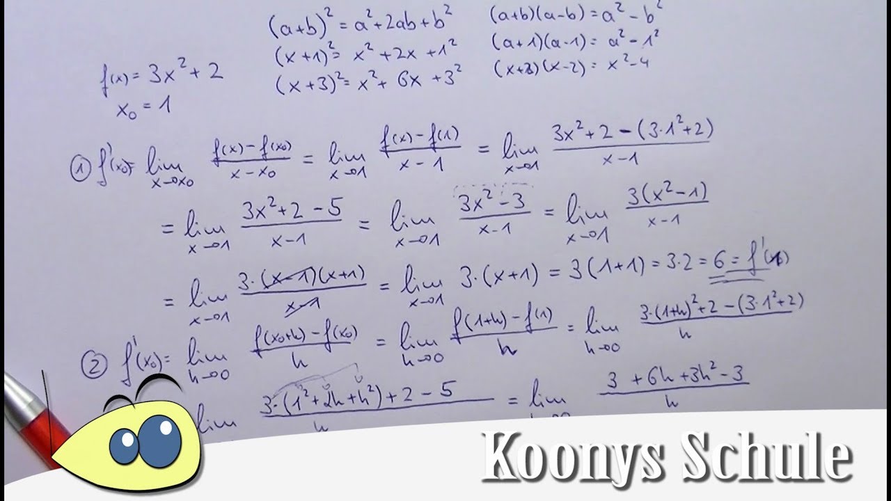 Differentialquotient und h-Methode mit f(x)=3x²+2 bei x=1