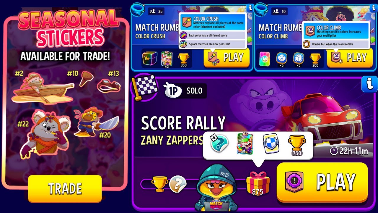 SEASONAL STICKERS TRADE/ Zany Zappers Solo Score Rally/ 35 players & 10 players Match Rumble