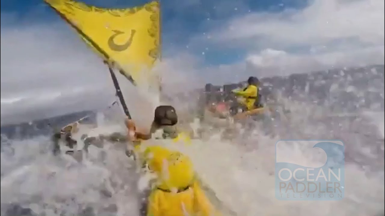 Hawaiian outrigger sailing canoe in nuking Alenuihaha Channel!