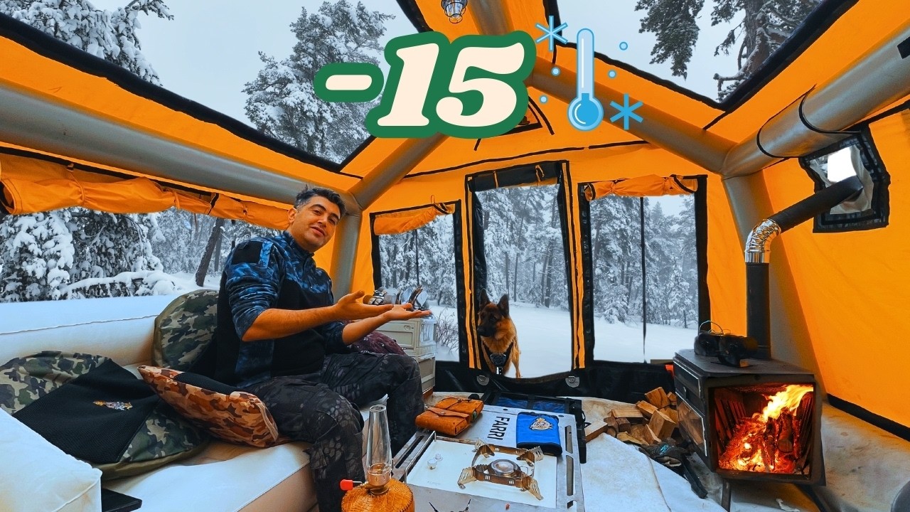 Одиночный кемпинг в снежную бурю -15° С ПАЛАТКОЙ НА ГОРЯЧЕМ ВОЗДУХЕ