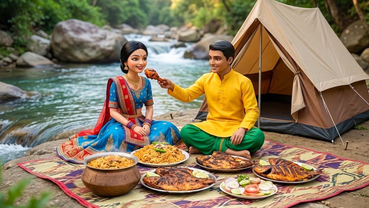 Miniature Doll Cooking Chicken Biryani & Grilled Fish ASMR Camping by Stream | Village Doll Story