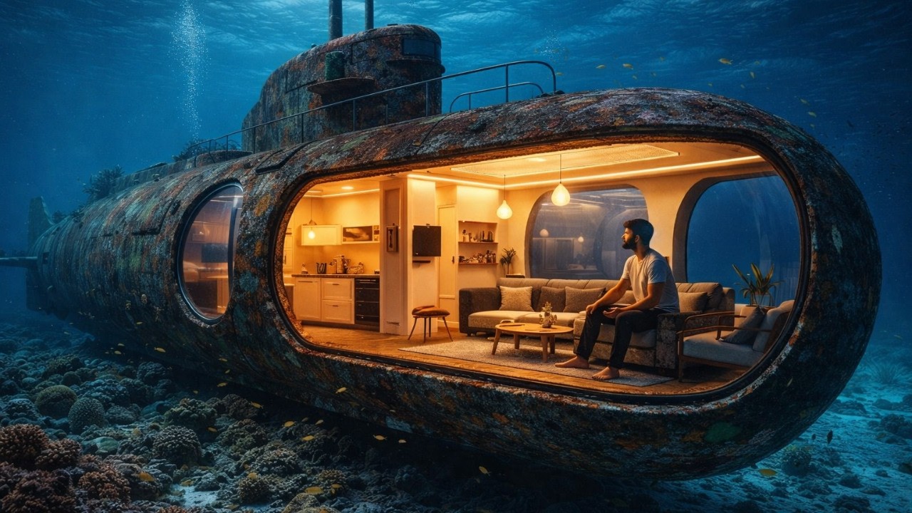 Building a Modern HIDDEN SHELTER Inside an Abandoned Submarine — Extreme Underwater Build (ASMR)