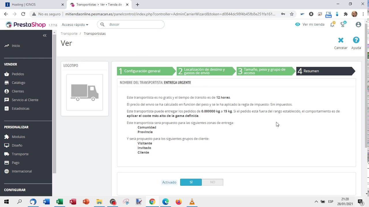 Configurar el transporte en Prestashop 1.7.7.