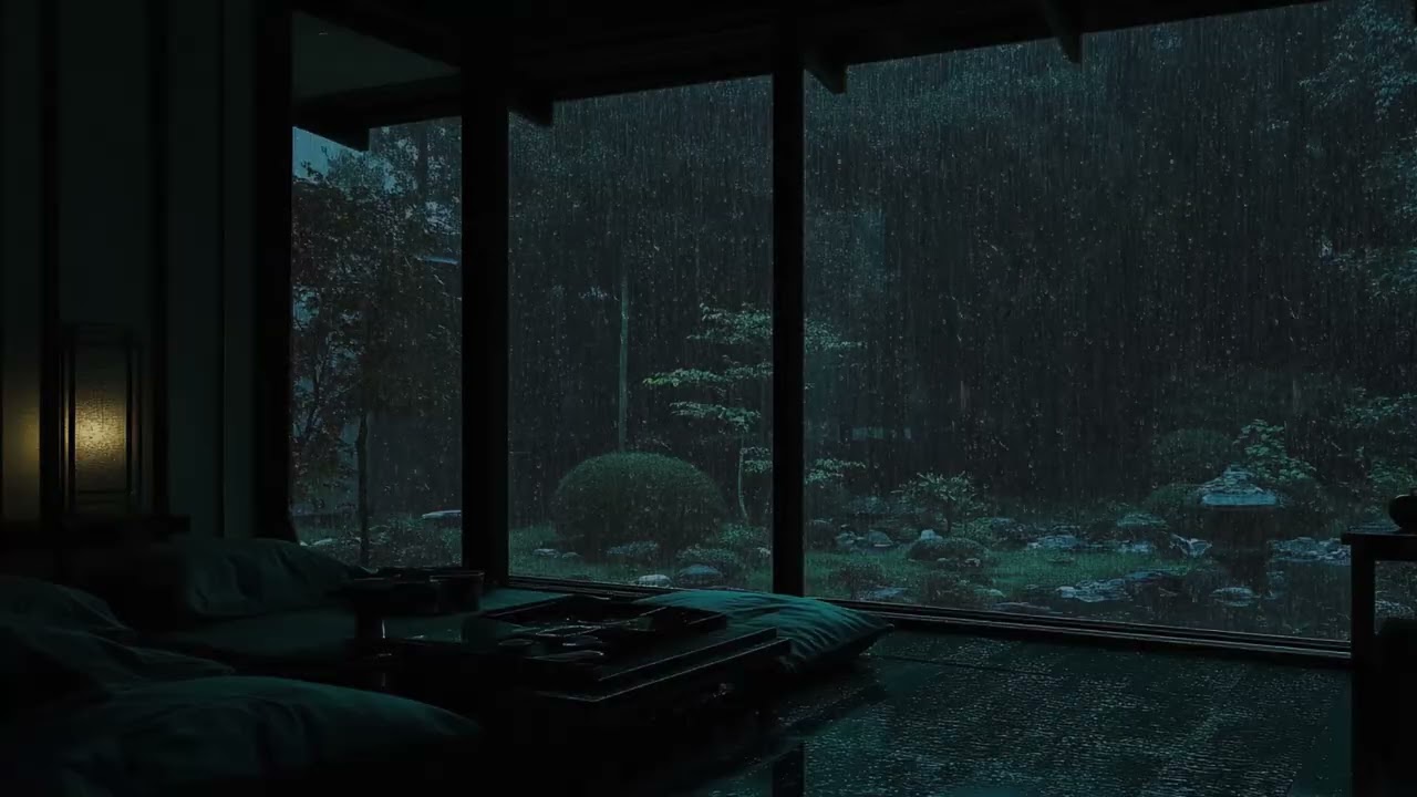 Relaxing Rain at Night in a Dark Bedroom | Peaceful Garden Ambience for Deep Relaxation & Serenity