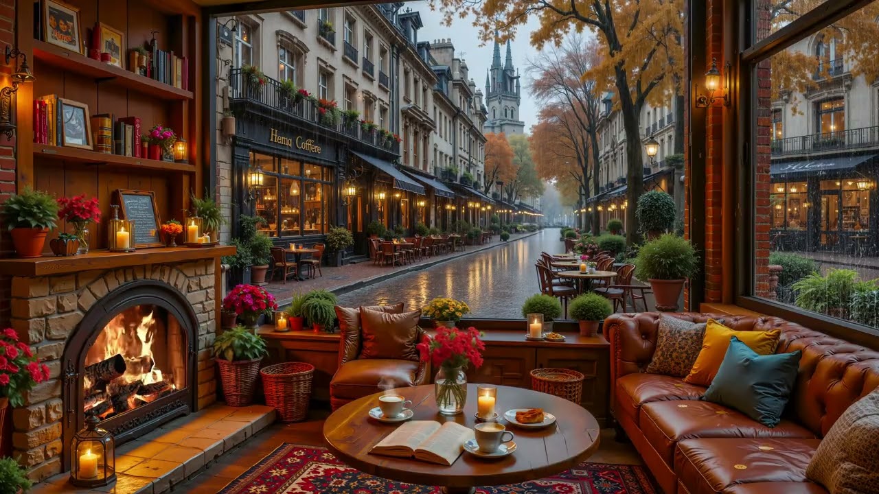 ☕ Rainy Autumn Paris Café 🍂 Cozy Fireplace & Warm Coffee Shop Ambience for Study, Relax & Sleep